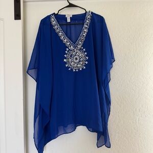 Chico’s Women’s Royal Blue Kaftan Tunic Blouse Beaded Sheer Swim Coverup Bling